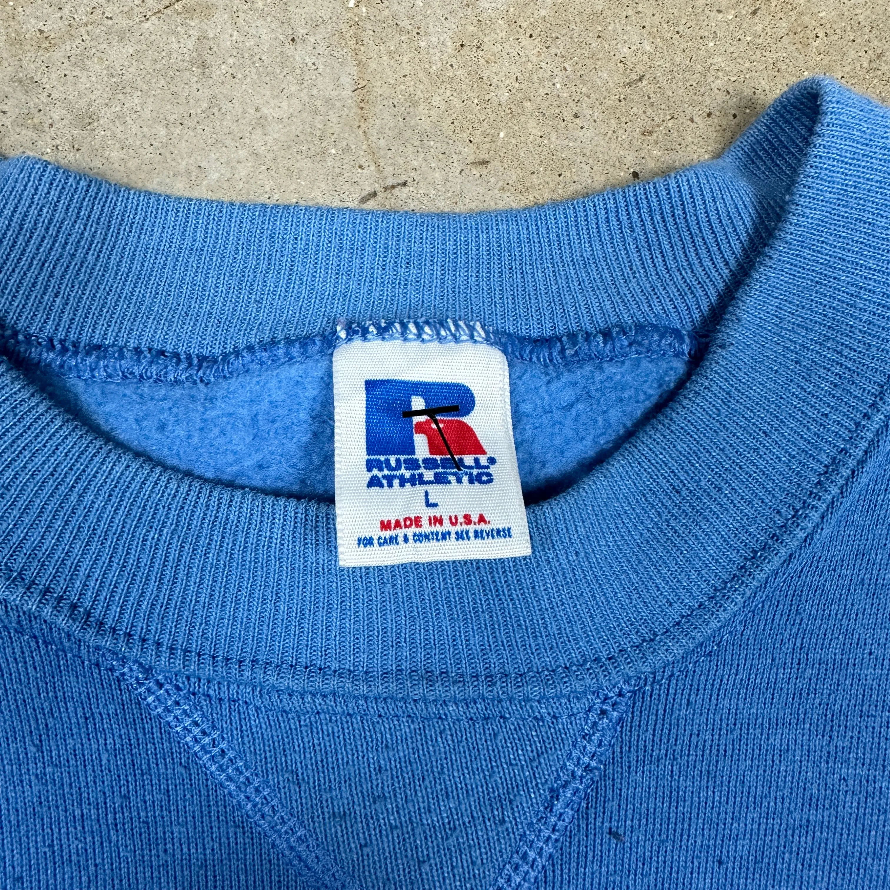 80s Baby Blue Russell Athletic Blank Essential Crewneck Sweatshirt L Q69