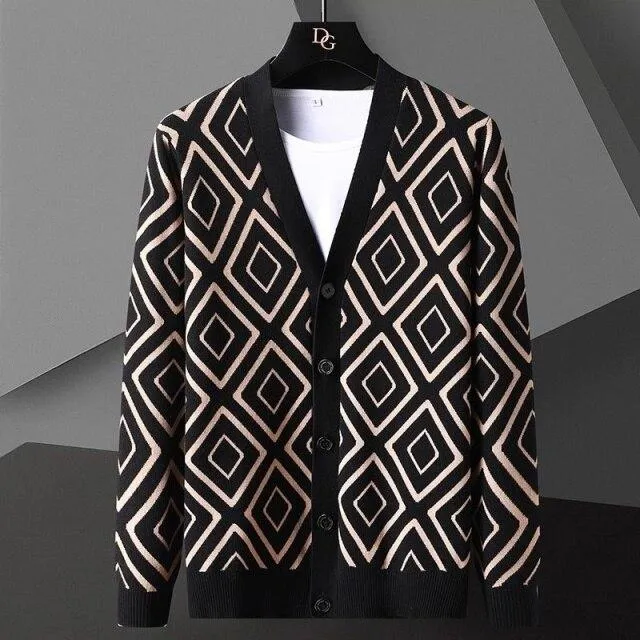 Autumn England Men's 4XL Diamond Striped Button-up Knitted Cardigan Jacket