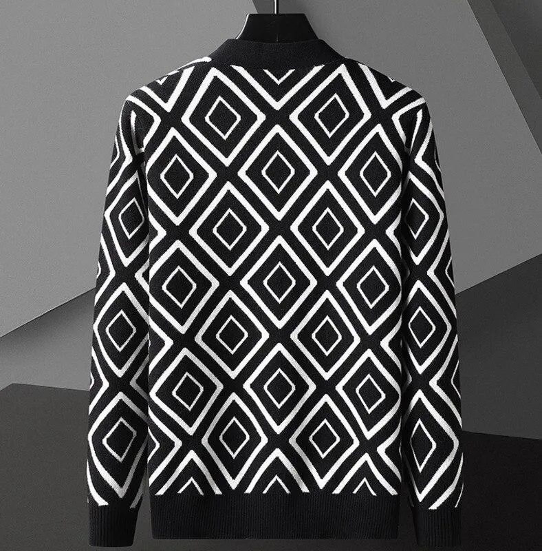 Autumn England Men's 4XL Diamond Striped Button-up Knitted Cardigan Jacket