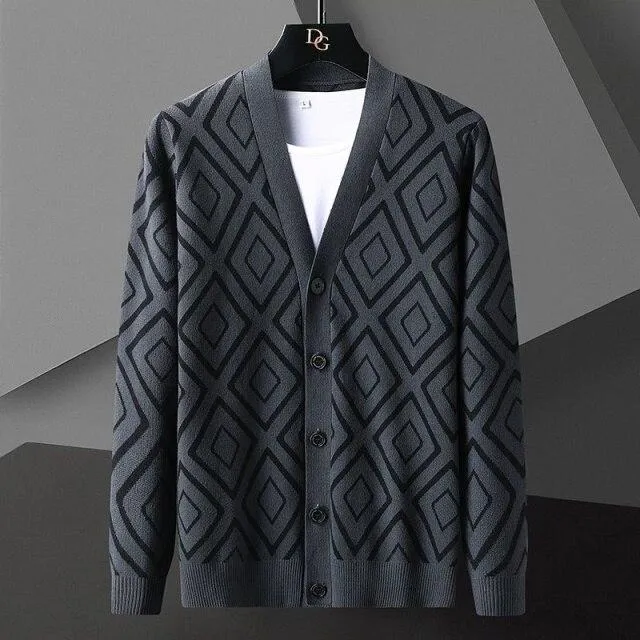 Autumn England Men's 4XL Diamond Striped Button-up Knitted Cardigan Jacket
