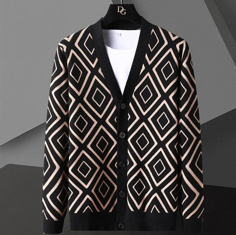 Autumn England Men's 4XL Diamond Striped Button-up Knitted Cardigan Jacket