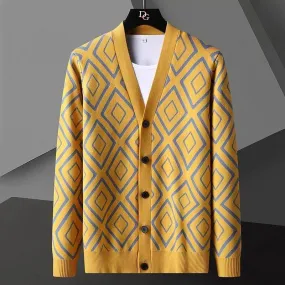 Autumn England Men's 4XL Diamond Striped Button-up Knitted Cardigan Jacket