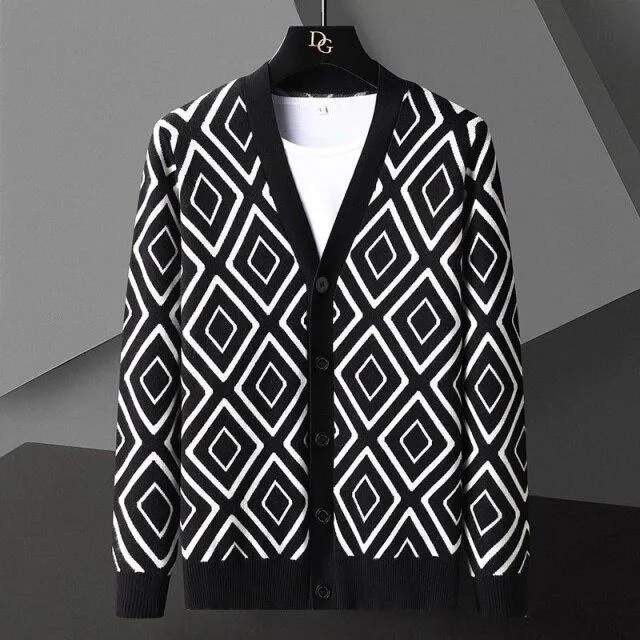 Autumn England Men's 4XL Diamond Striped Button-up Knitted Cardigan Jacket