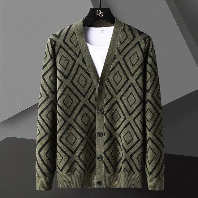 Autumn England Men's 4XL Diamond Striped Button-up Knitted Cardigan Jacket