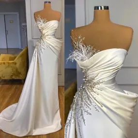 beaded feather evening dresses long mermaid off white modest elegant satin evening gown