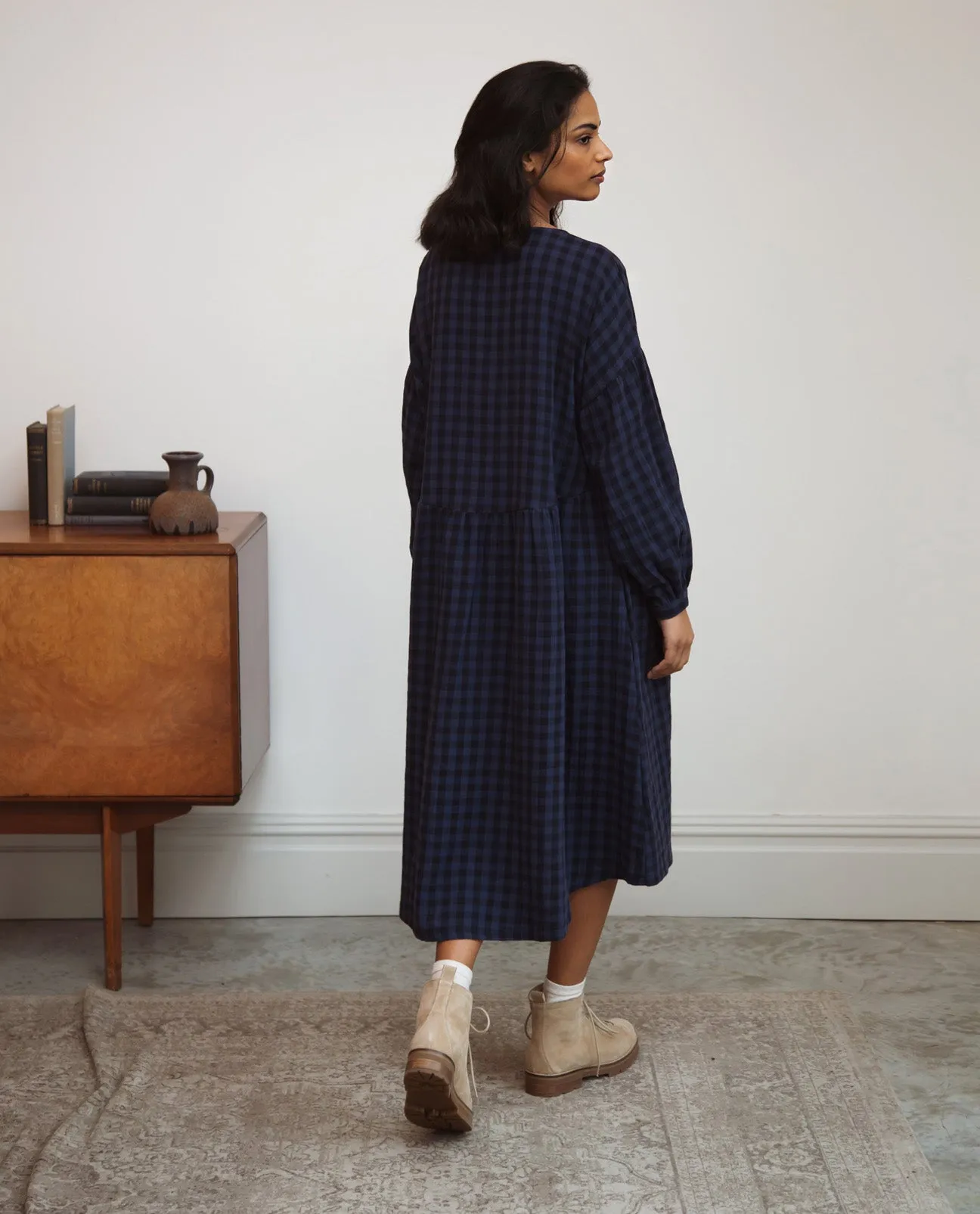 Navy Gingham Beatrix-Gee Organic Cotton Dress - a stunning, sustainable addition to your wardrobe!