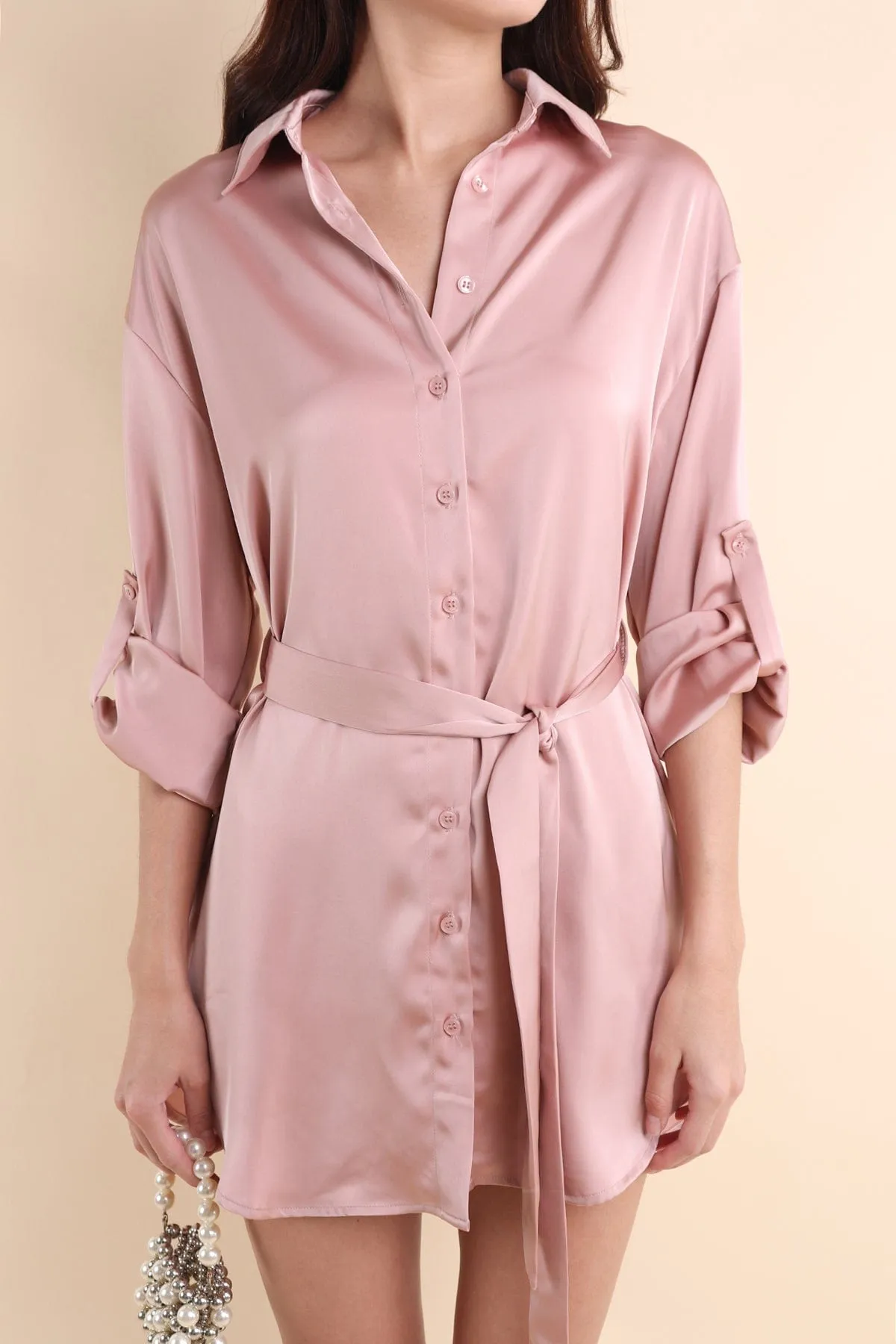 BERKLEY SATIN SHIRT DRESS IN ROSE PINK