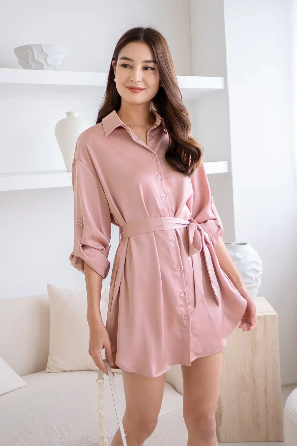 BERKLEY SATIN SHIRT DRESS IN ROSE PINK