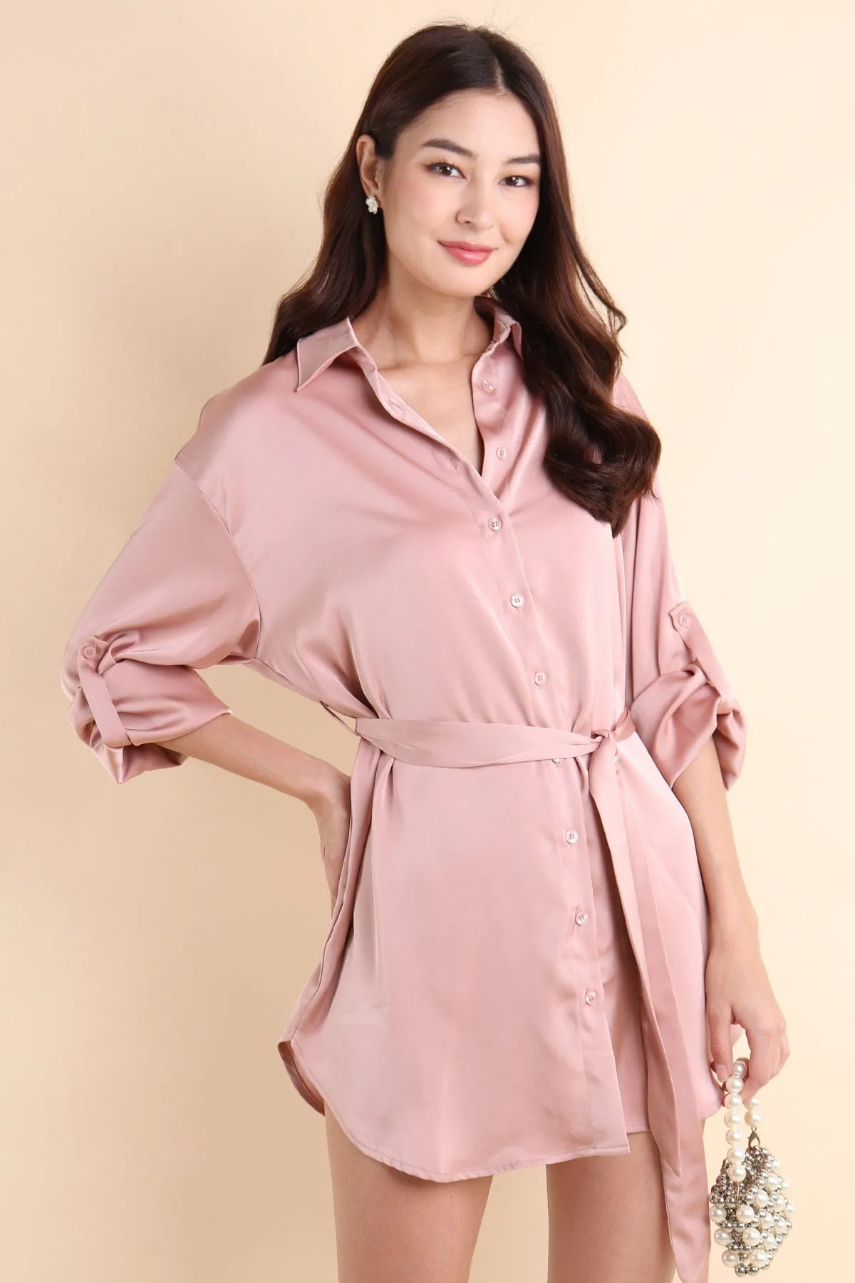 BERKLEY SATIN SHIRT DRESS IN ROSE PINK