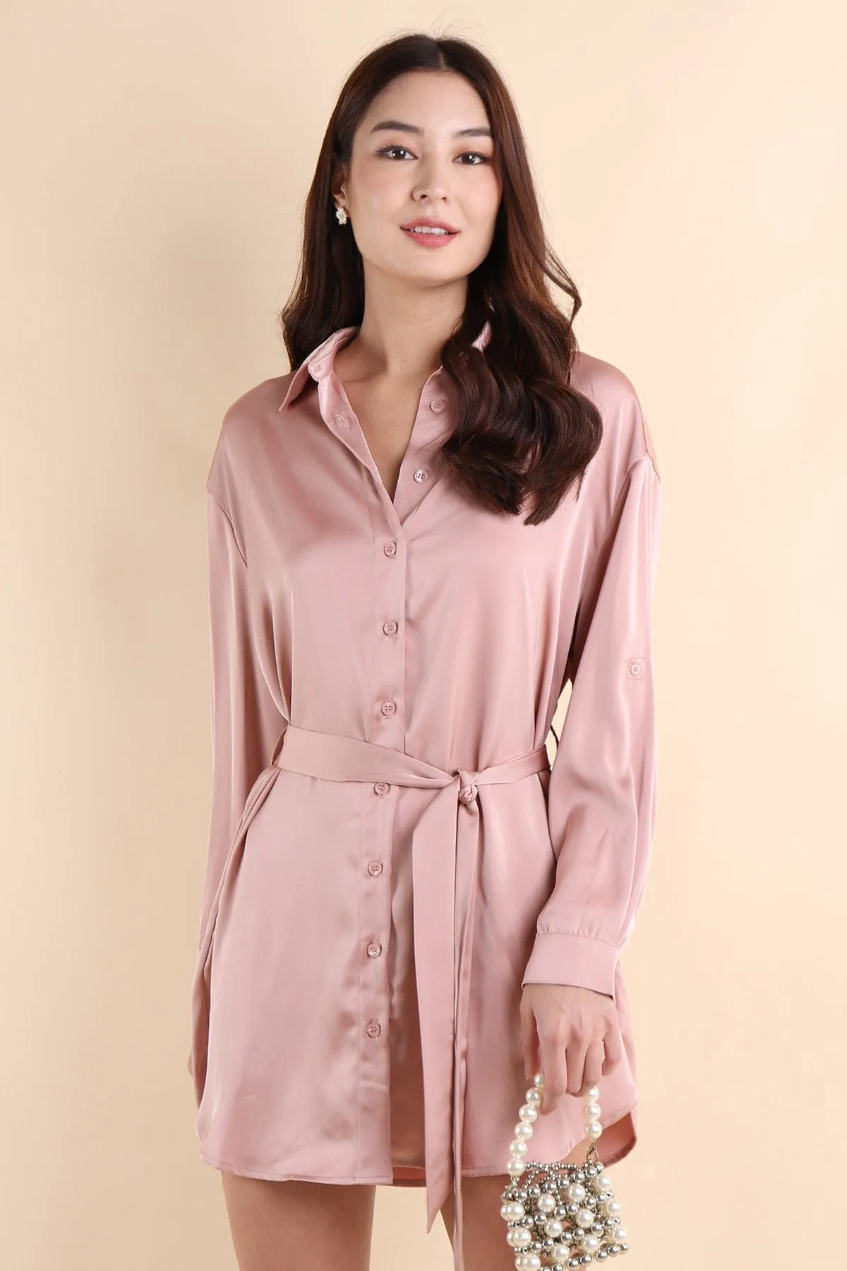 BERKLEY SATIN SHIRT DRESS IN ROSE PINK