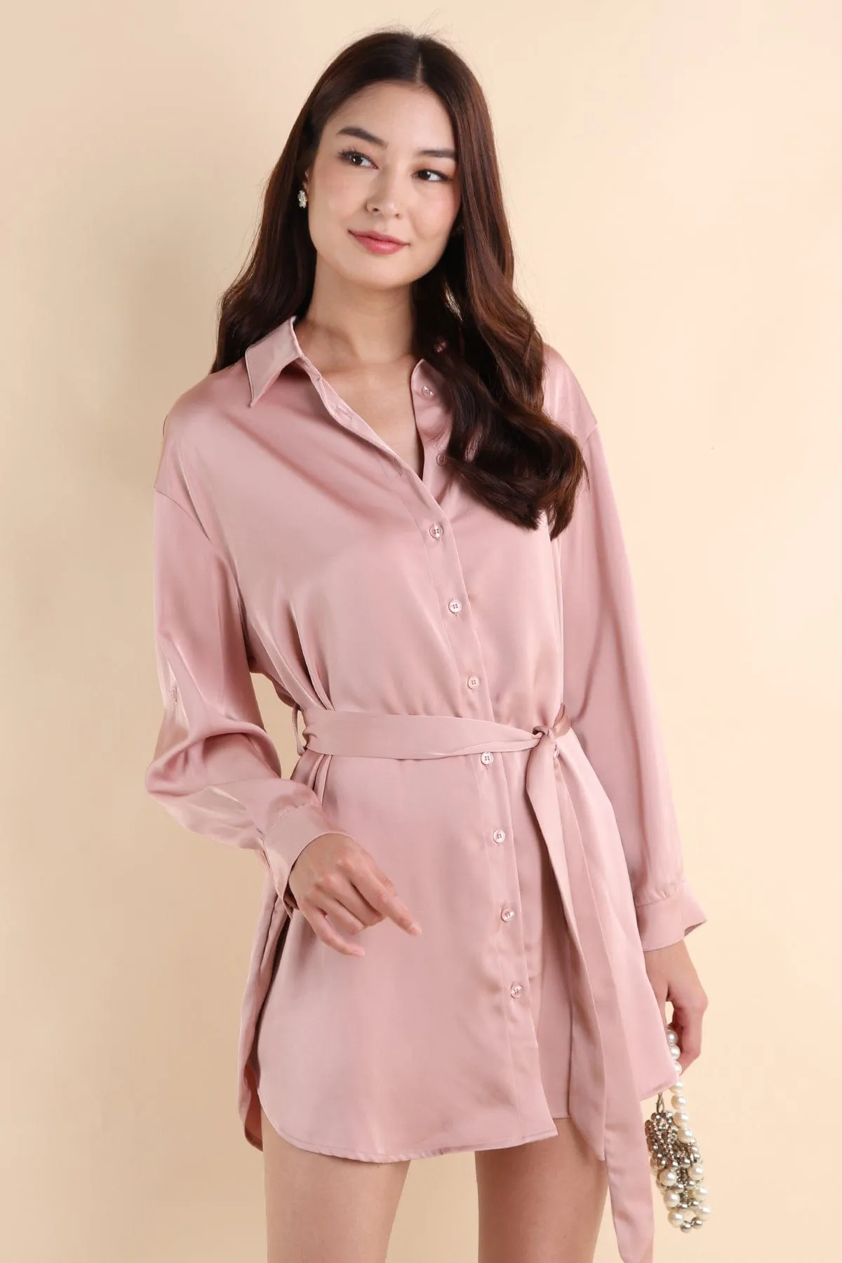 BERKLEY SATIN SHIRT DRESS IN ROSE PINK