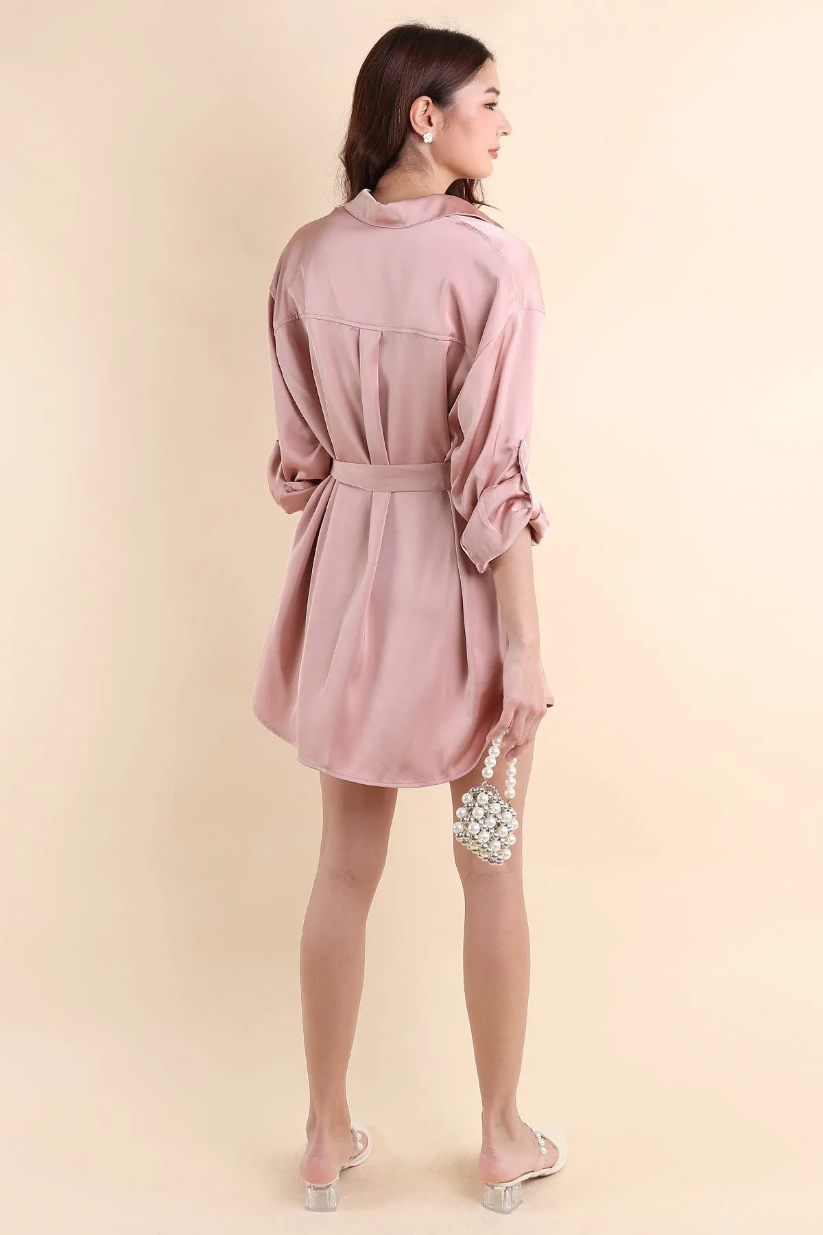 BERKLEY SATIN SHIRT DRESS IN ROSE PINK