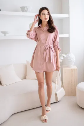 BERKLEY SATIN SHIRT DRESS IN ROSE PINK