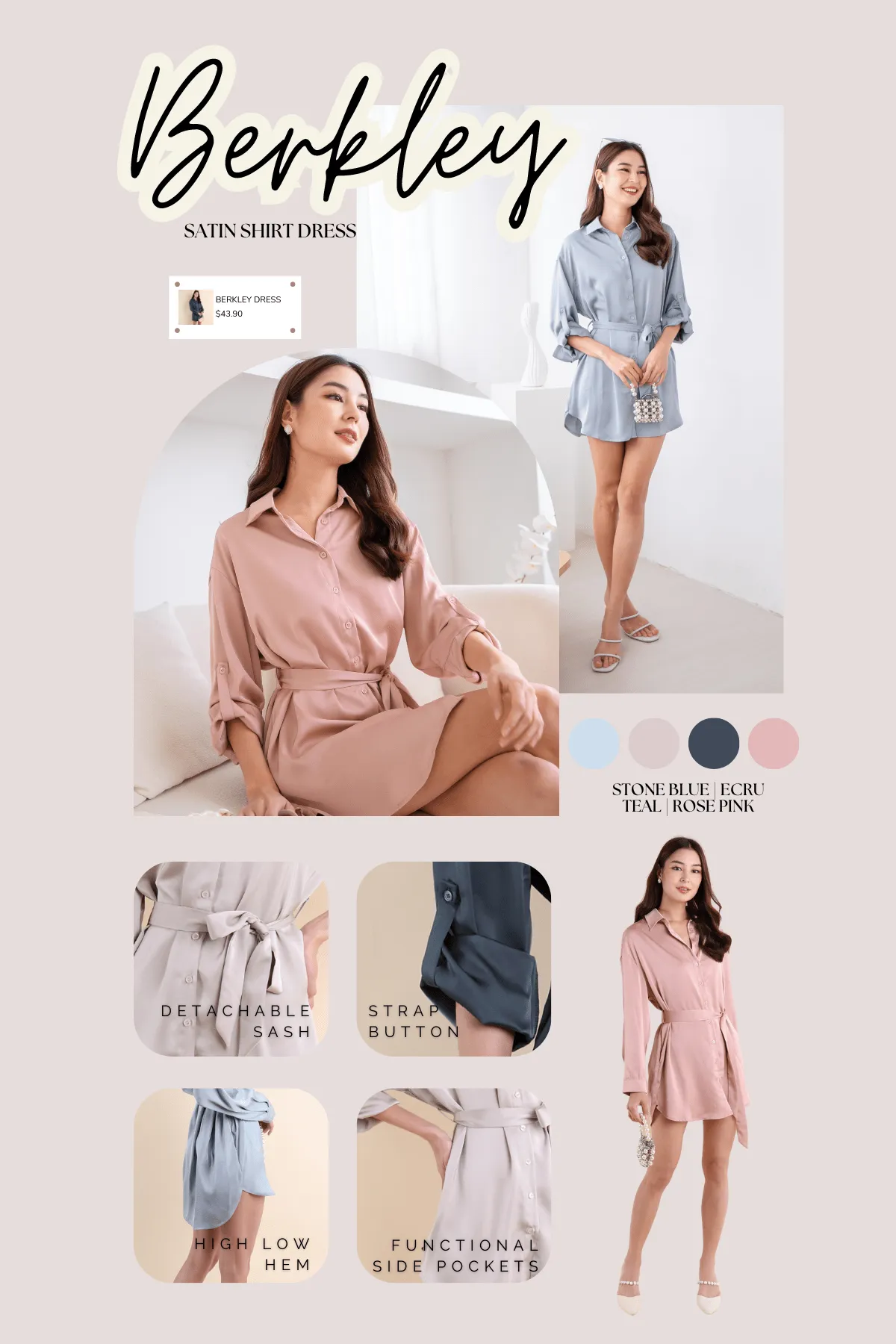 BERKLEY SATIN SHIRT DRESS IN ROSE PINK