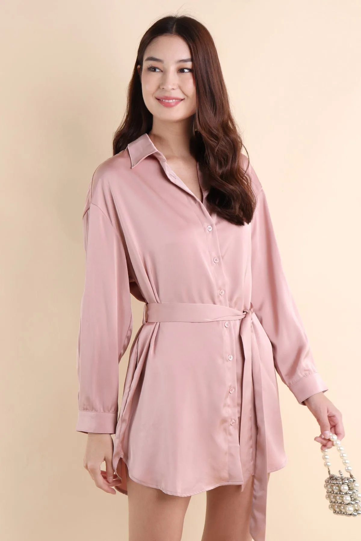 BERKLEY SATIN SHIRT DRESS IN ROSE PINK