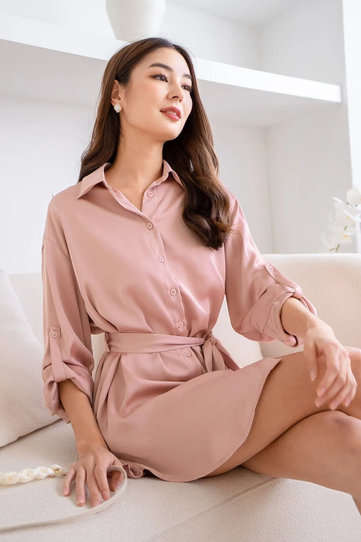 BERKLEY SATIN SHIRT DRESS IN ROSE PINK