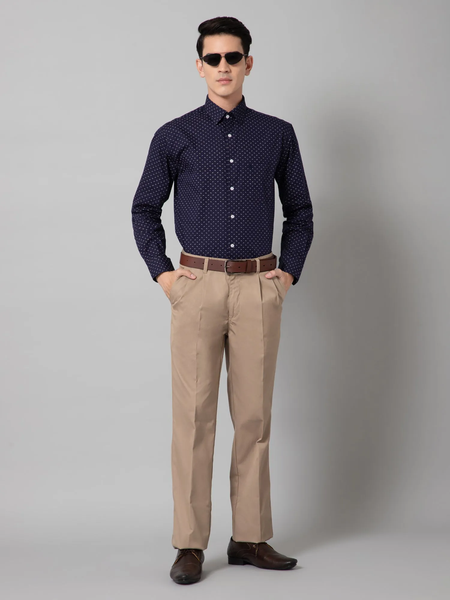 Cantabil Cotton Printed Full Sleeve Regular Fit Navy Blue Formal Shirt for Men with Pocket