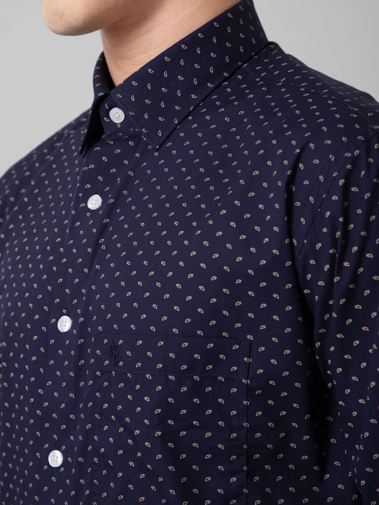 Cantabil Cotton Printed Full Sleeve Regular Fit Navy Blue Formal Shirt for Men with Pocket