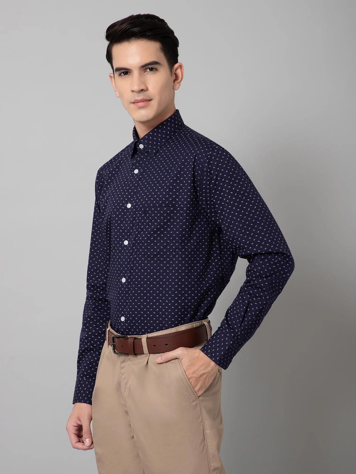 Cantabil Cotton Printed Full Sleeve Regular Fit Navy Blue Formal Shirt for Men with Pocket