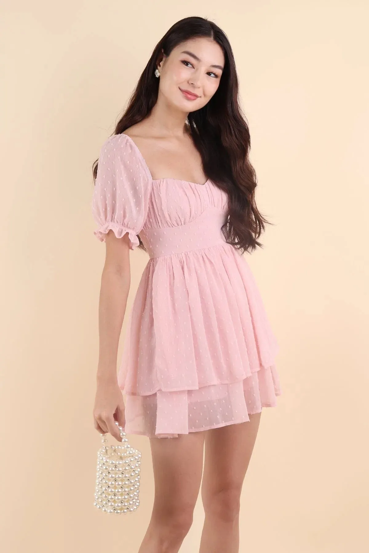 CHARLENE SWISS DOT ROMPER DRESS IN SWEET PINK