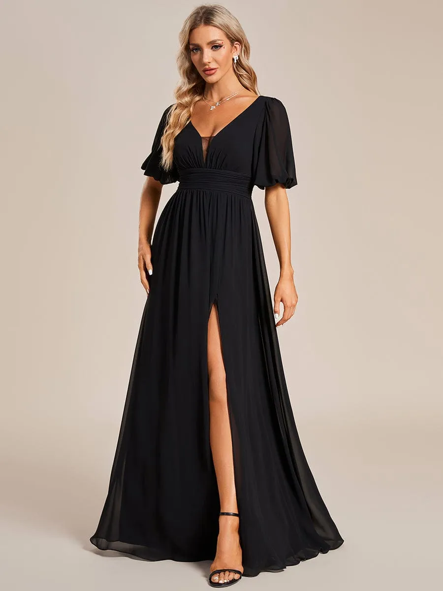 Chiffon Illusion V-Neck Flutter Sleeve Front Slit Evening Dress