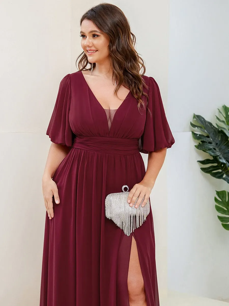 Chiffon Illusion V-Neck Flutter Sleeve Front Slit Evening Dress