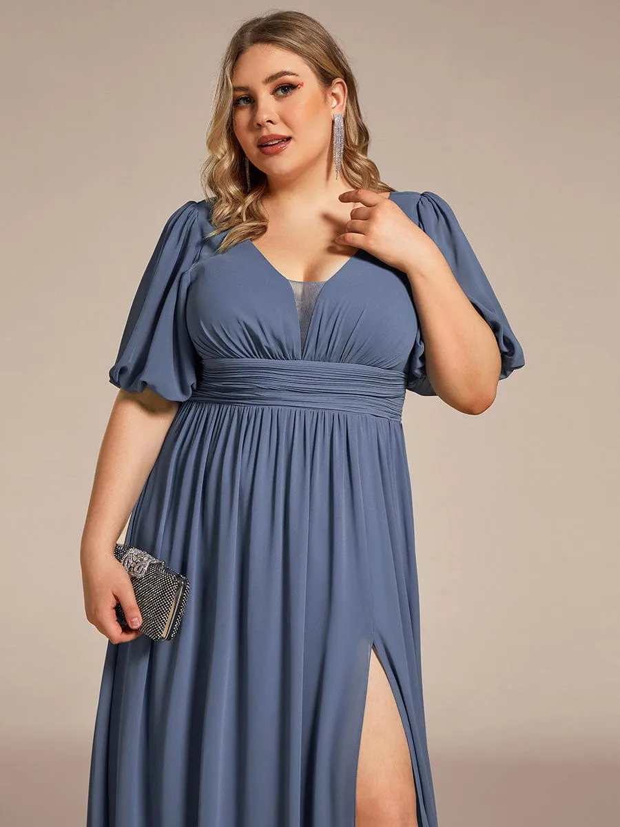 Chiffon Illusion V-Neck Flutter Sleeve Front Slit Evening Dress