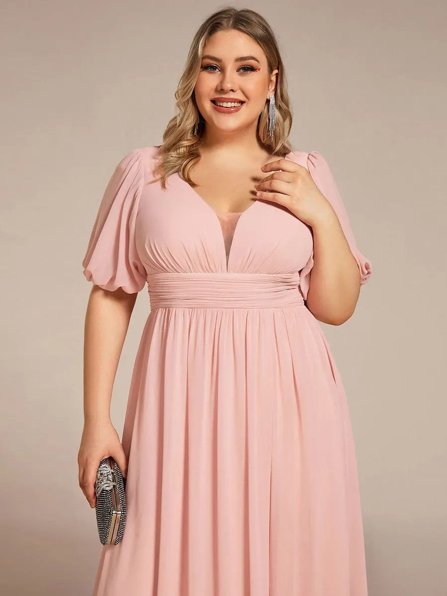 Chiffon Illusion V-Neck Flutter Sleeve Front Slit Evening Dress