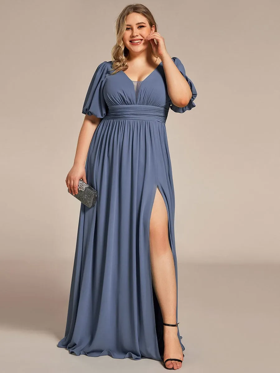 Chiffon Illusion V-Neck Flutter Sleeve Front Slit Evening Dress