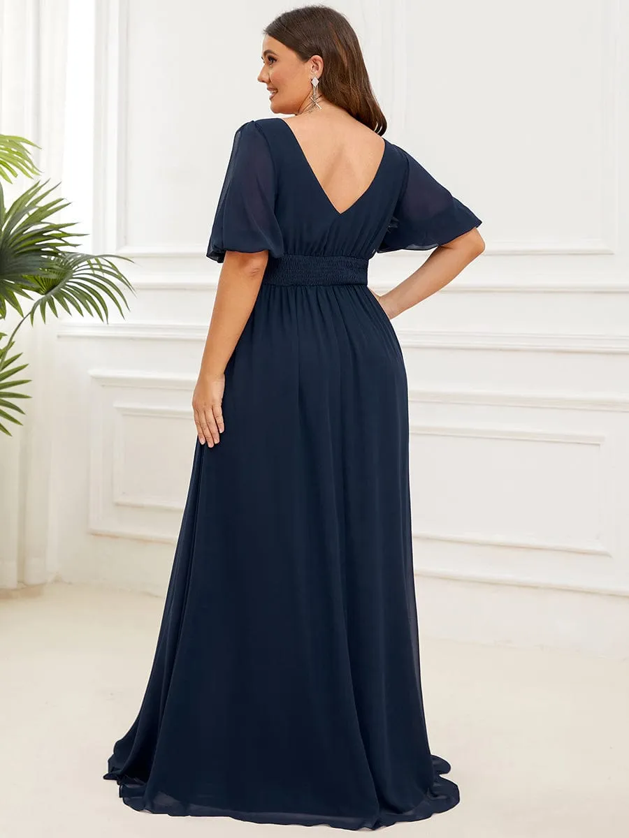 Chiffon Illusion V-Neck Flutter Sleeve Front Slit Evening Dress