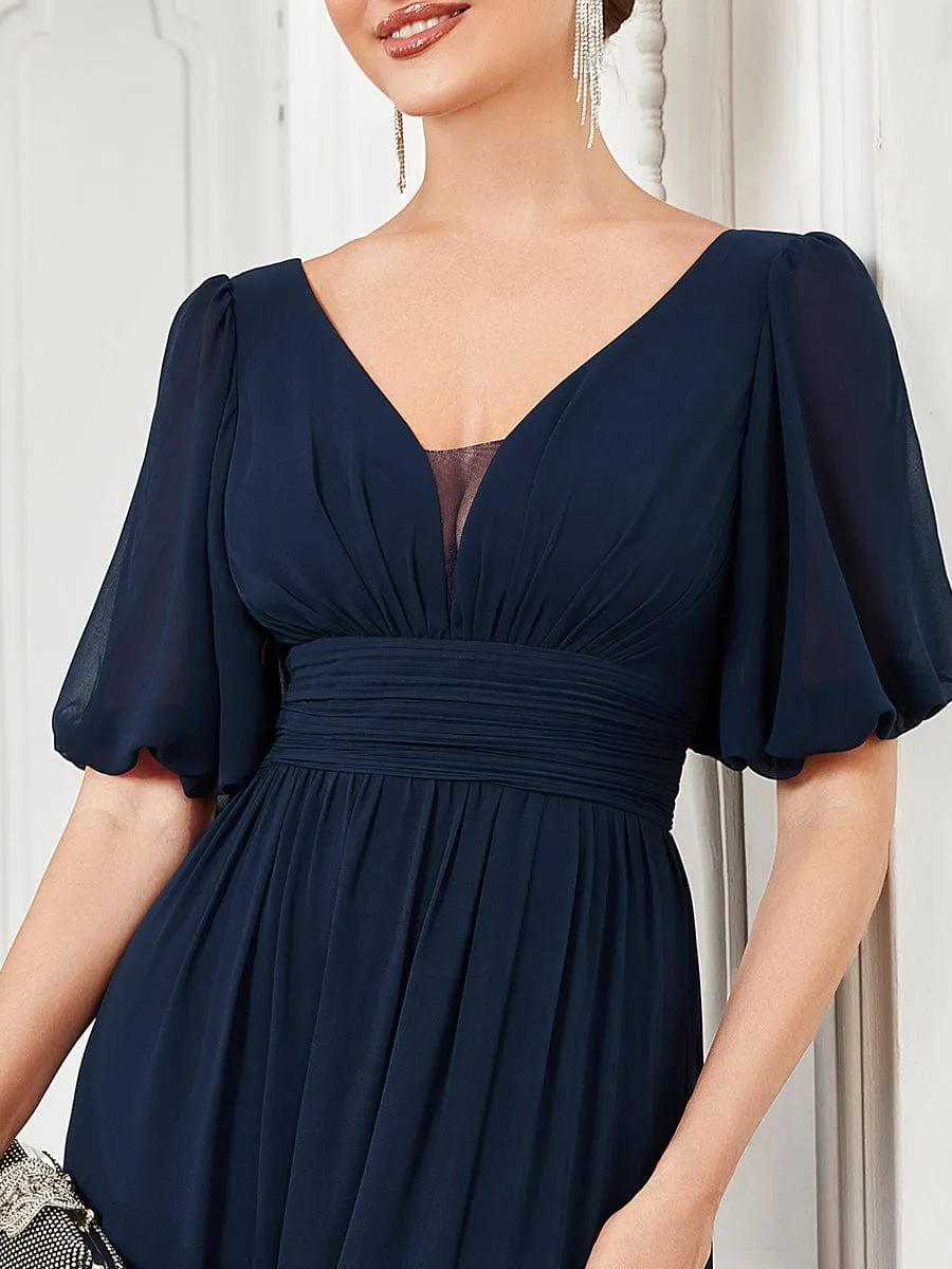 Chiffon Illusion V-Neck Flutter Sleeve Front Slit Evening Dress