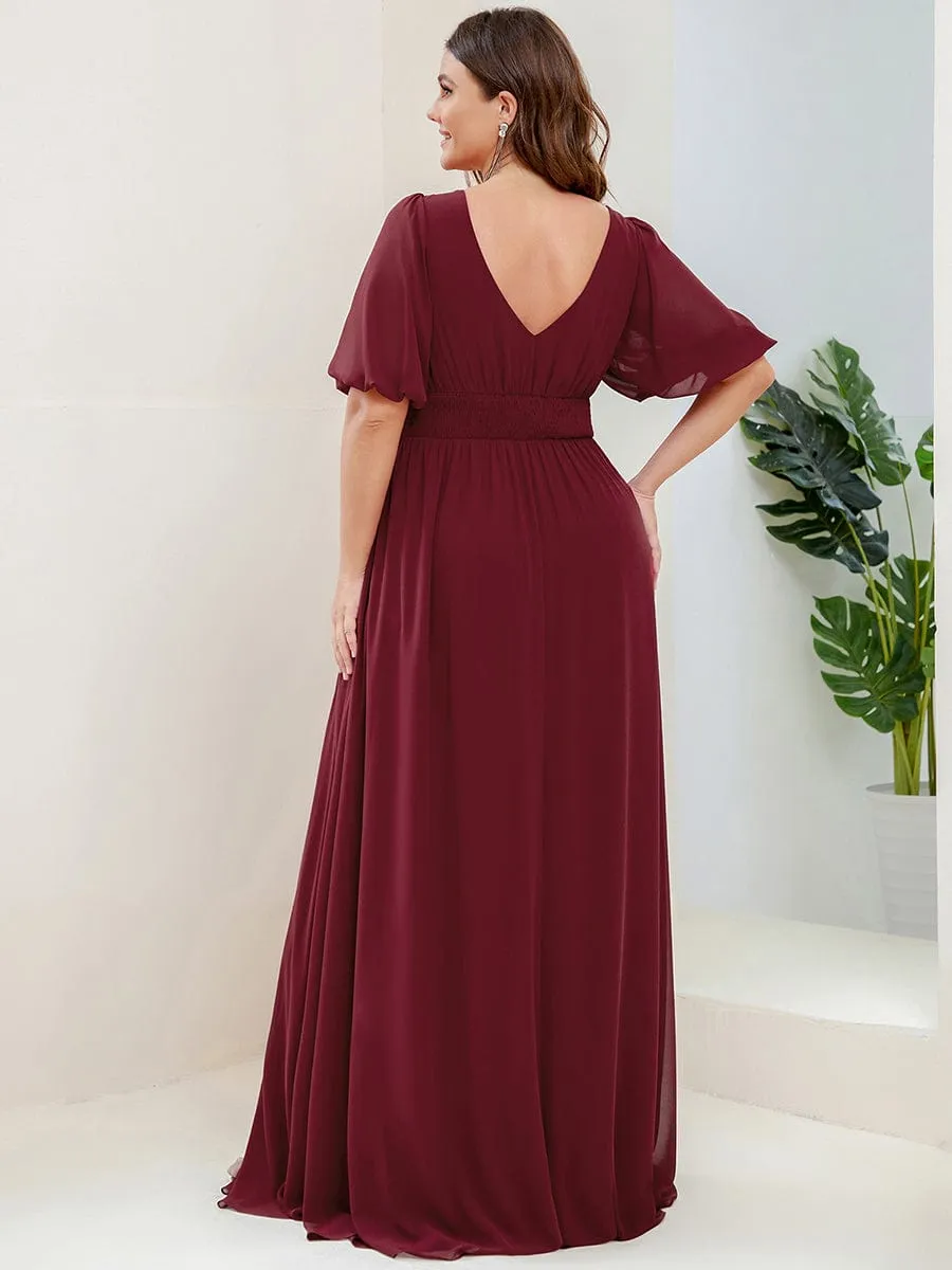 Chiffon Illusion V-Neck Flutter Sleeve Front Slit Evening Dress
