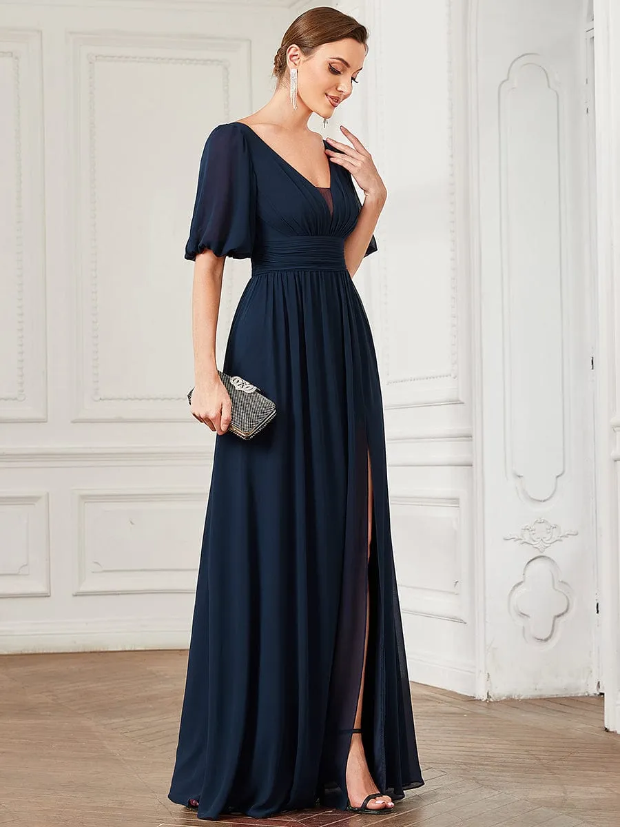 Chiffon Illusion V-Neck Flutter Sleeve Front Slit Evening Dress