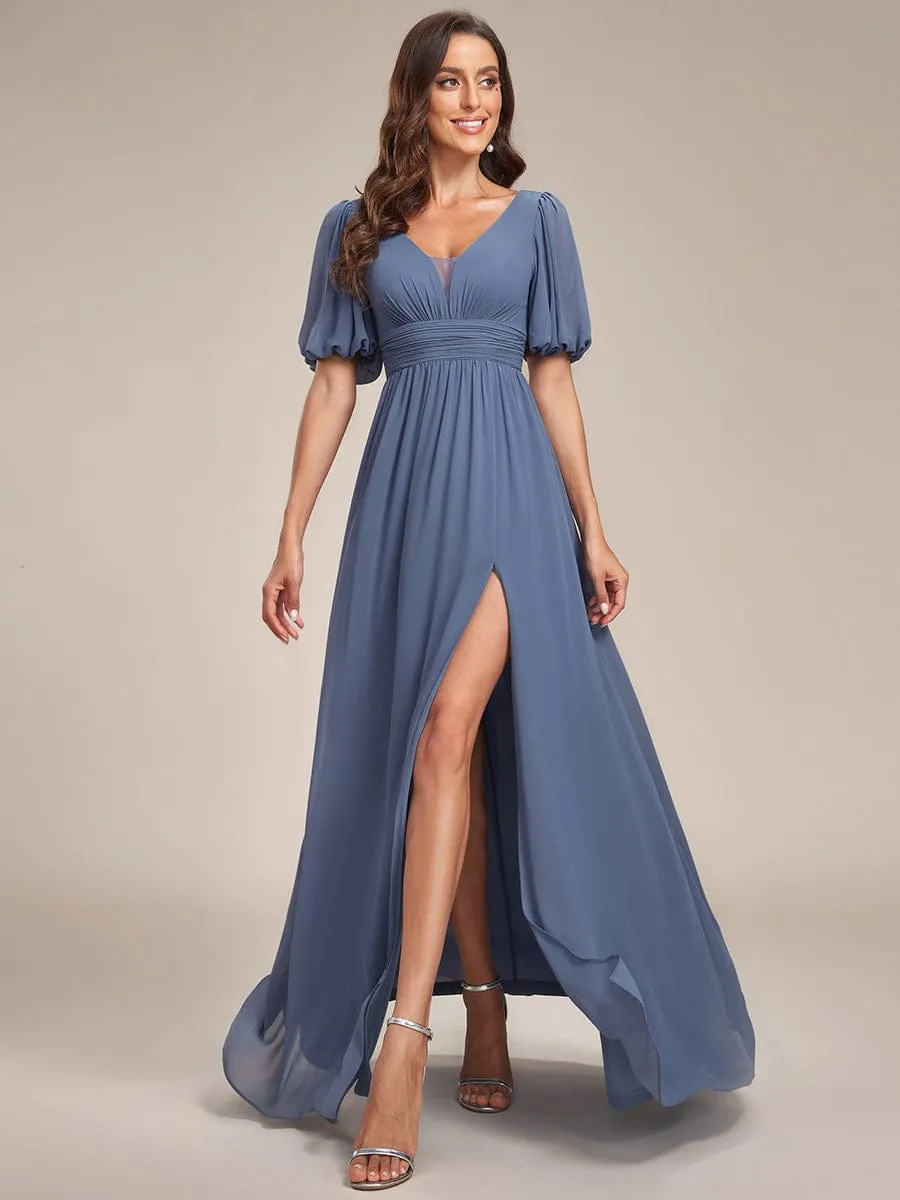 Chiffon Illusion V-Neck Flutter Sleeve Front Slit Evening Dress