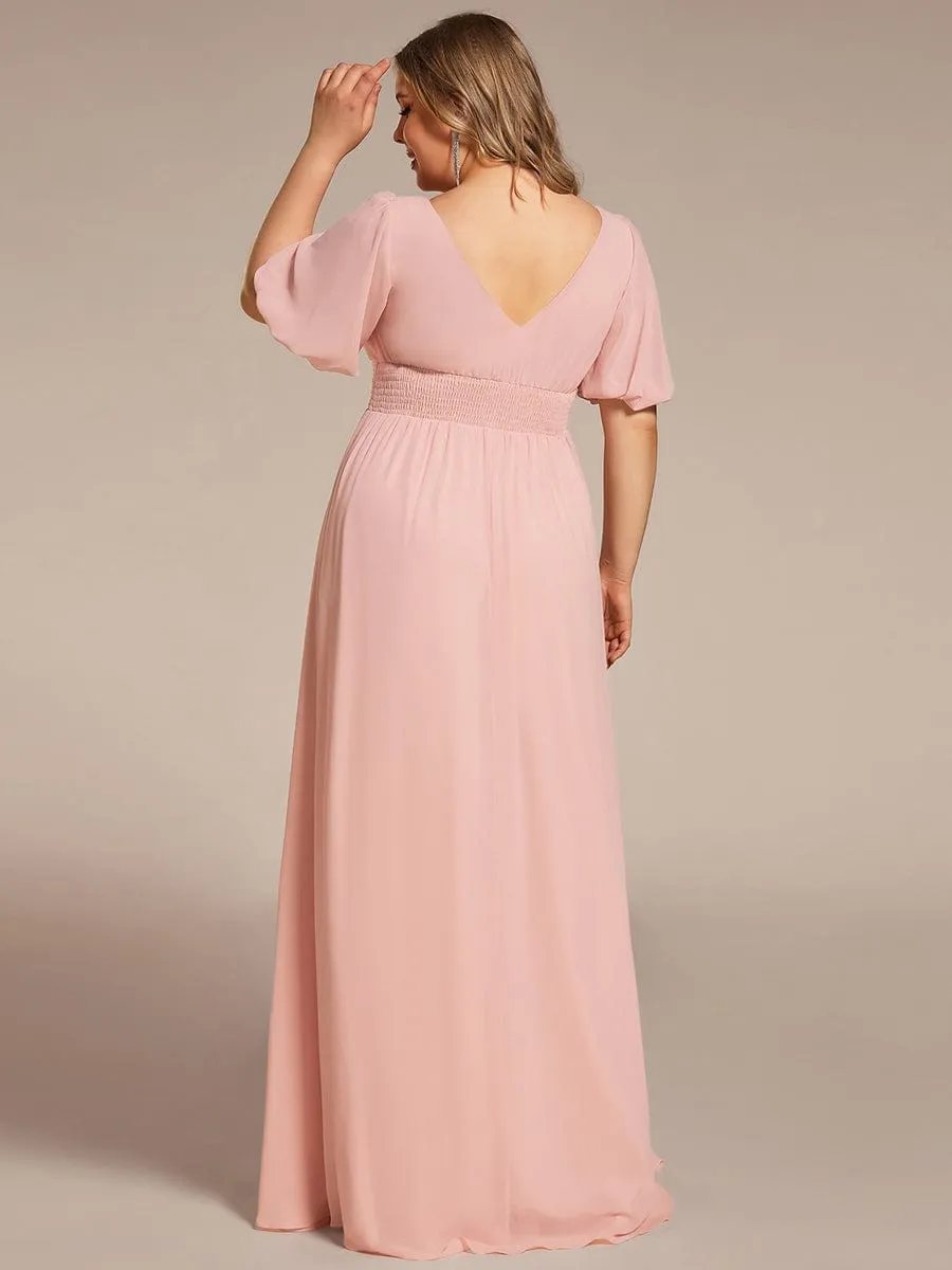 Chiffon Illusion V-Neck Flutter Sleeve Front Slit Evening Dress