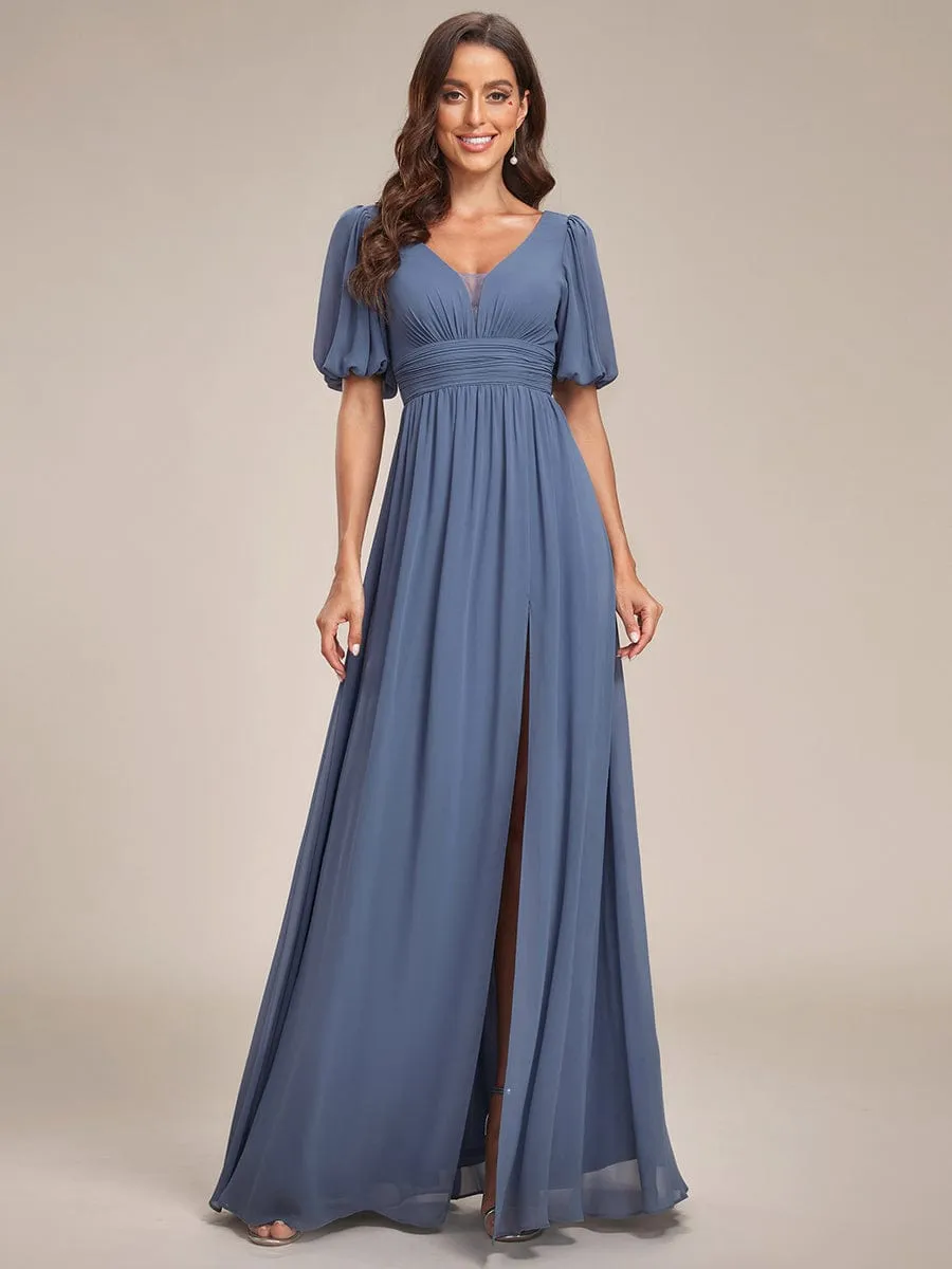 Chiffon Illusion V-Neck Flutter Sleeve Front Slit Evening Dress
