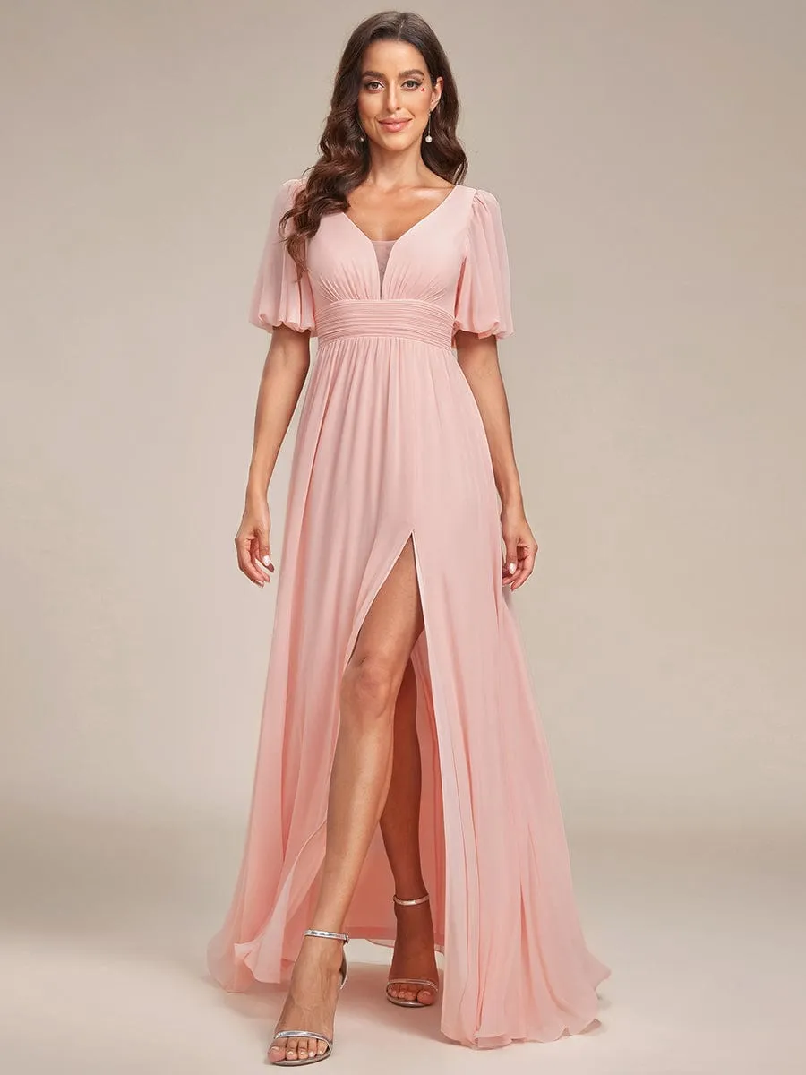Chiffon Illusion V-Neck Flutter Sleeve Front Slit Evening Dress