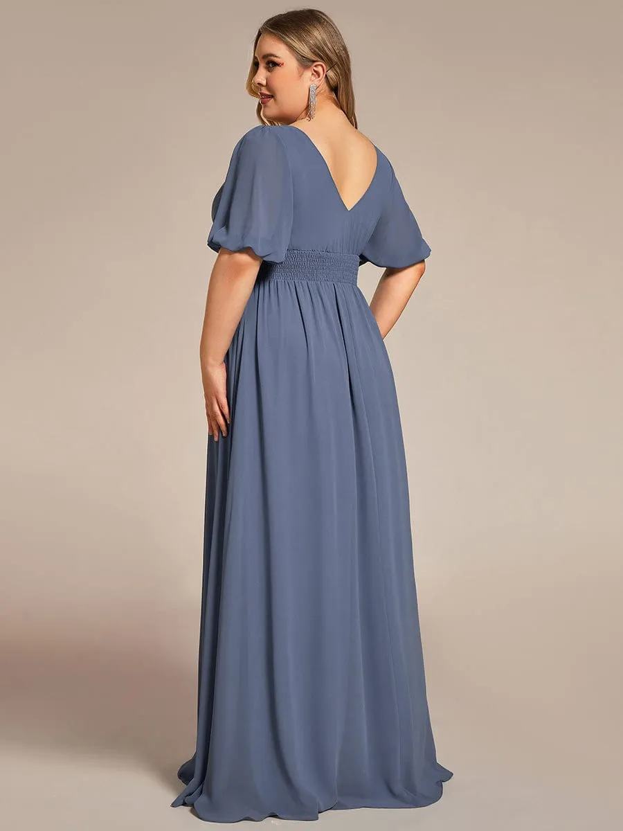 Chiffon Illusion V-Neck Flutter Sleeve Front Slit Evening Dress