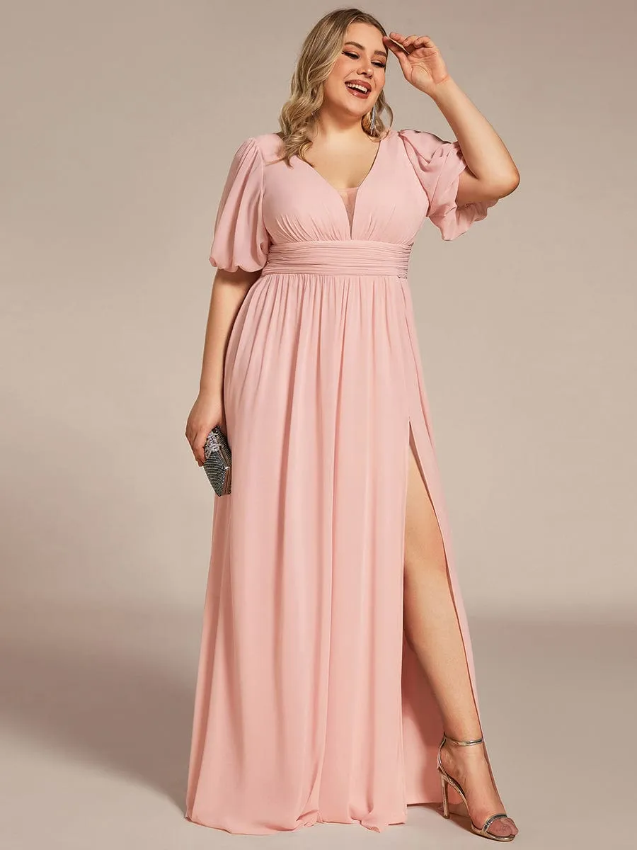 Chiffon Illusion V-Neck Flutter Sleeve Front Slit Evening Dress
