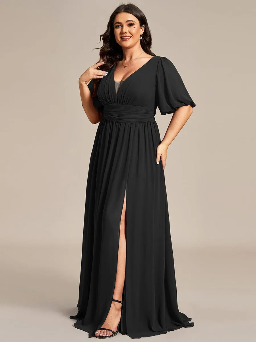 Chiffon Illusion V-Neck Flutter Sleeve Front Slit Evening Dress