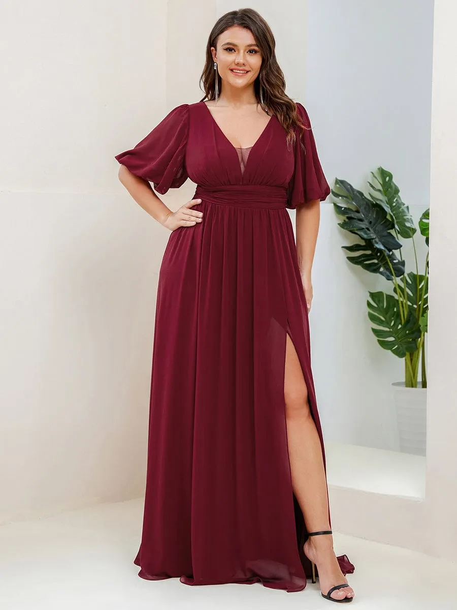 Chiffon Illusion V-Neck Flutter Sleeve Front Slit Evening Dress