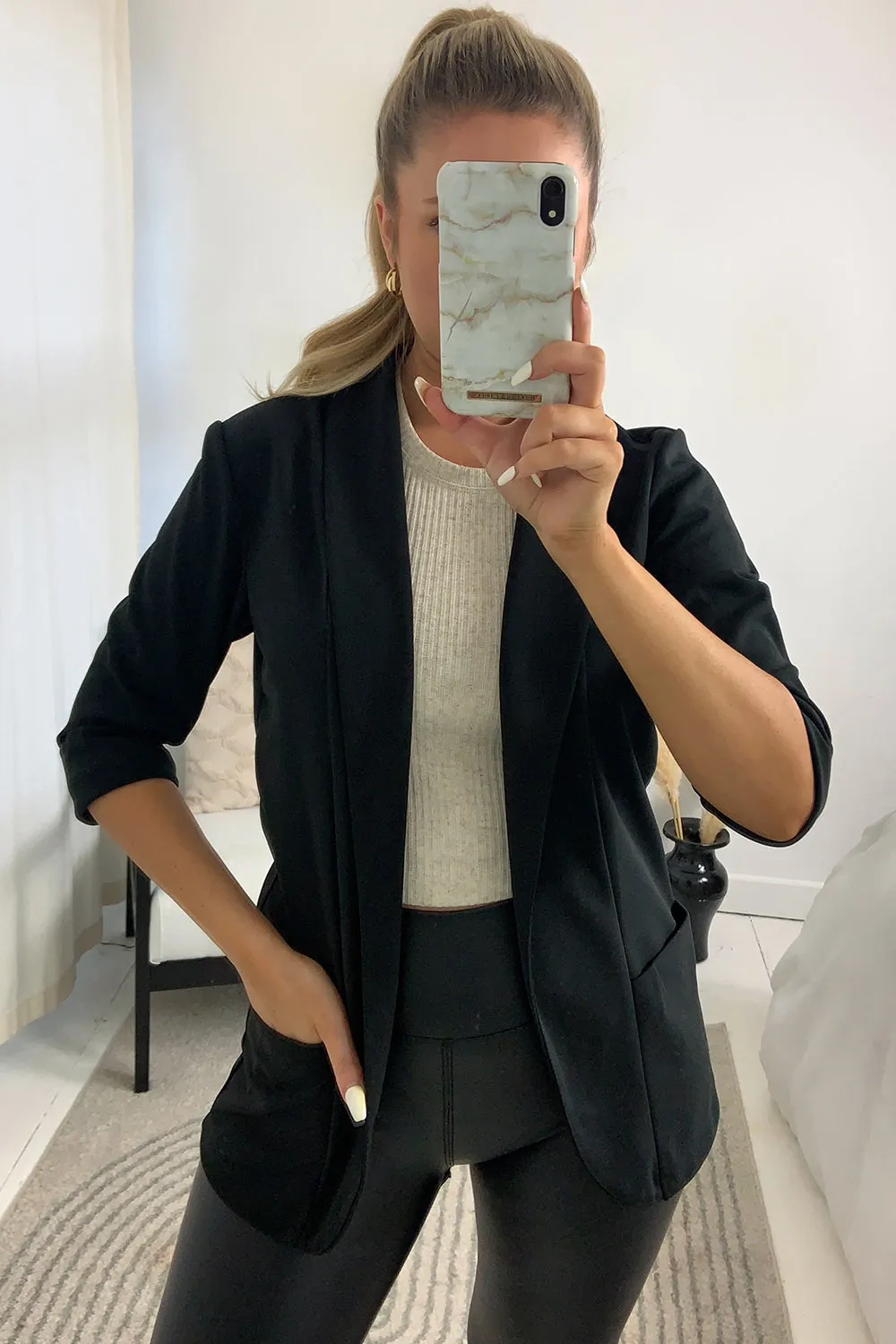Chyna Black Ruched Sleeve Open Front Blazer