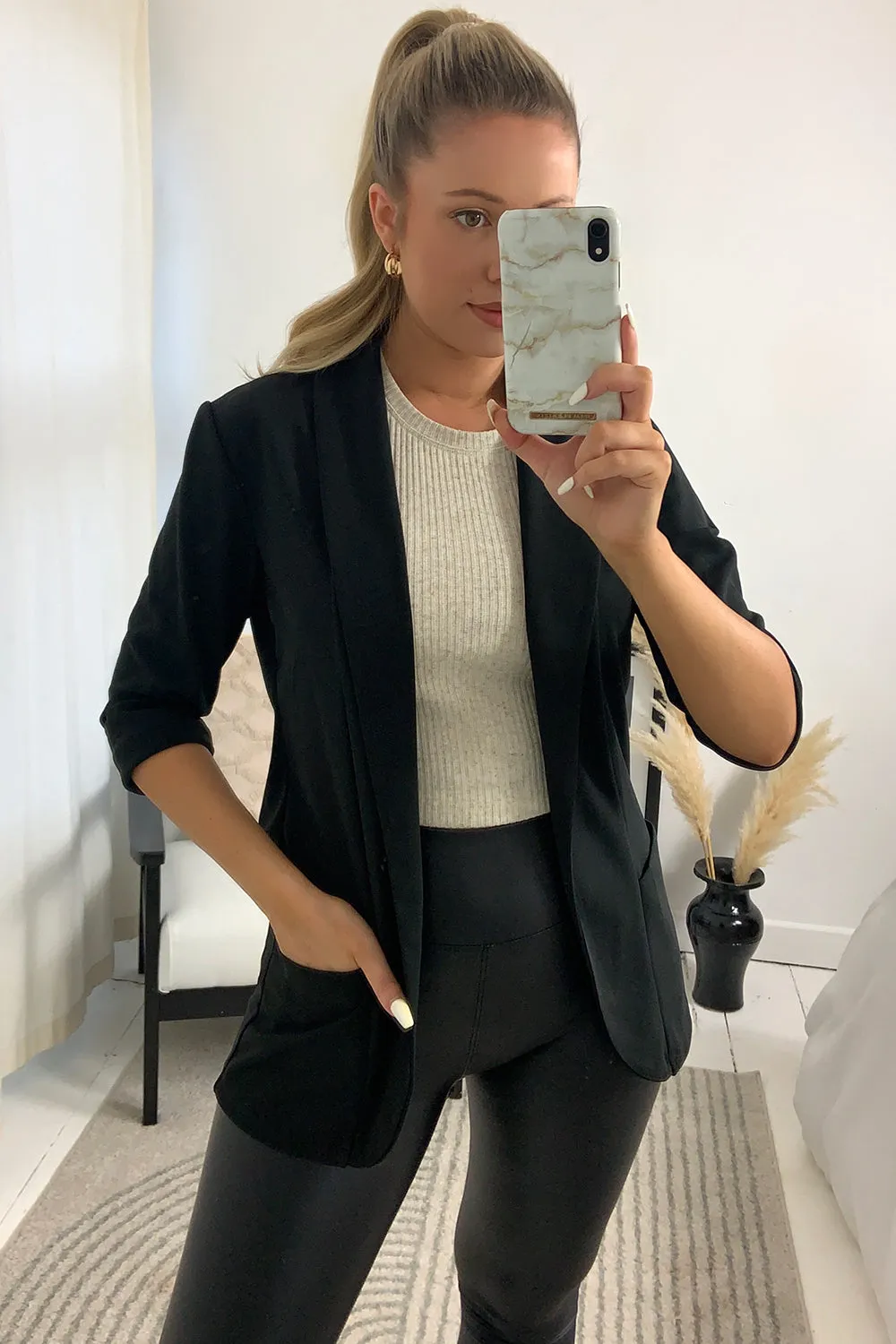 Chyna Black Ruched Sleeve Open Front Blazer