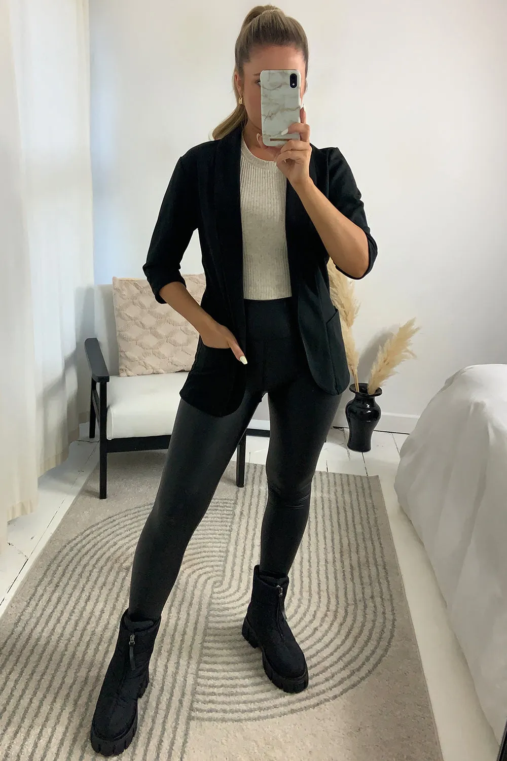 Chyna Black Ruched Sleeve Open Front Blazer