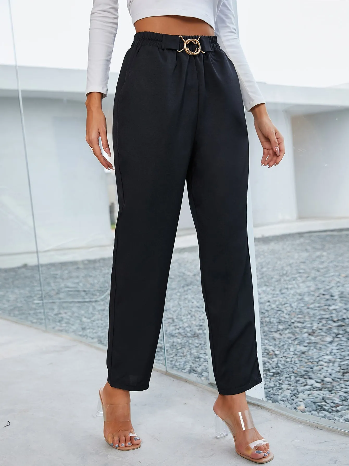 Elegant Plain Ring High Waist Cropped Women Pants