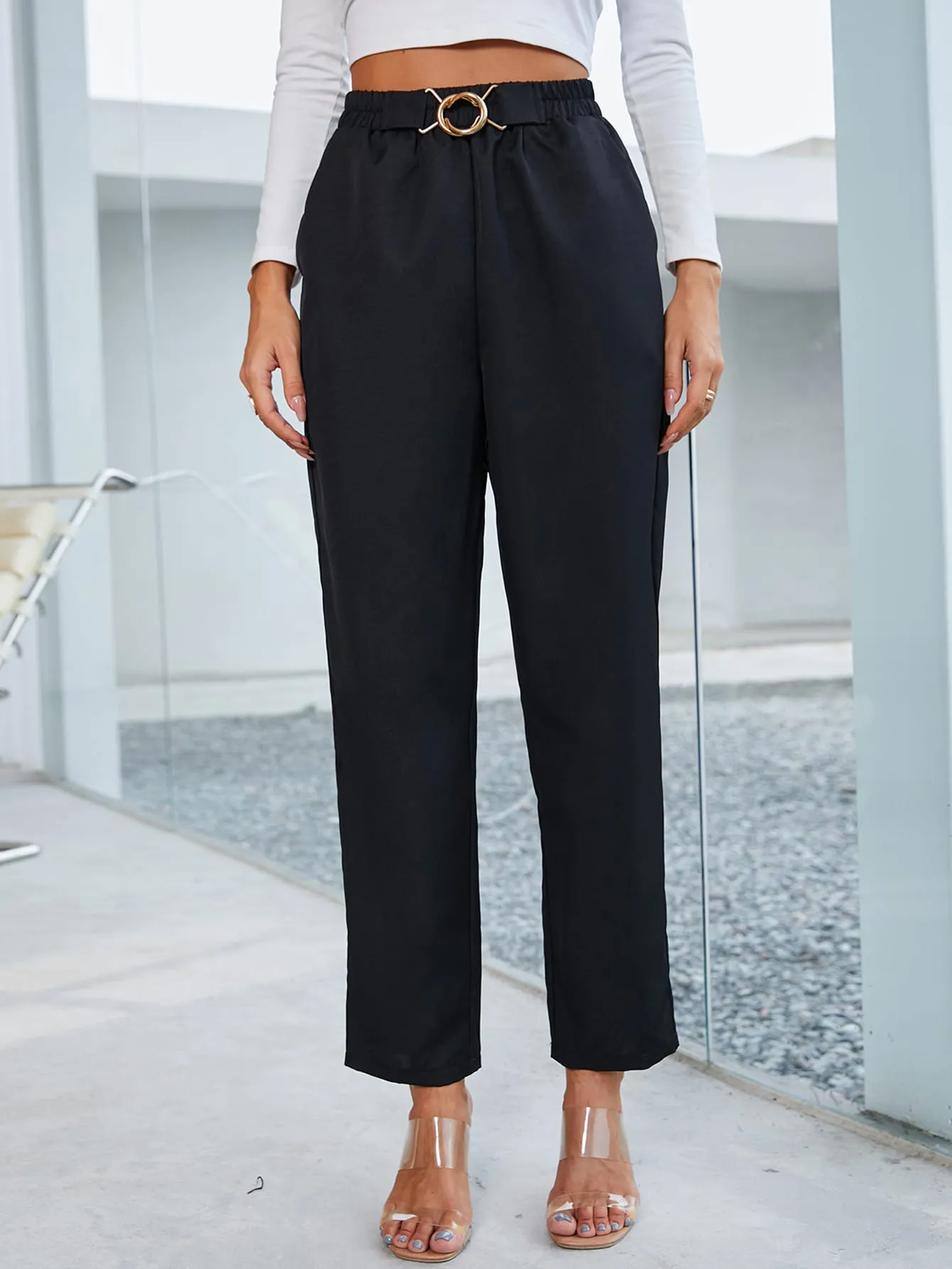 Elegant Plain Ring High Waist Cropped Women Pants