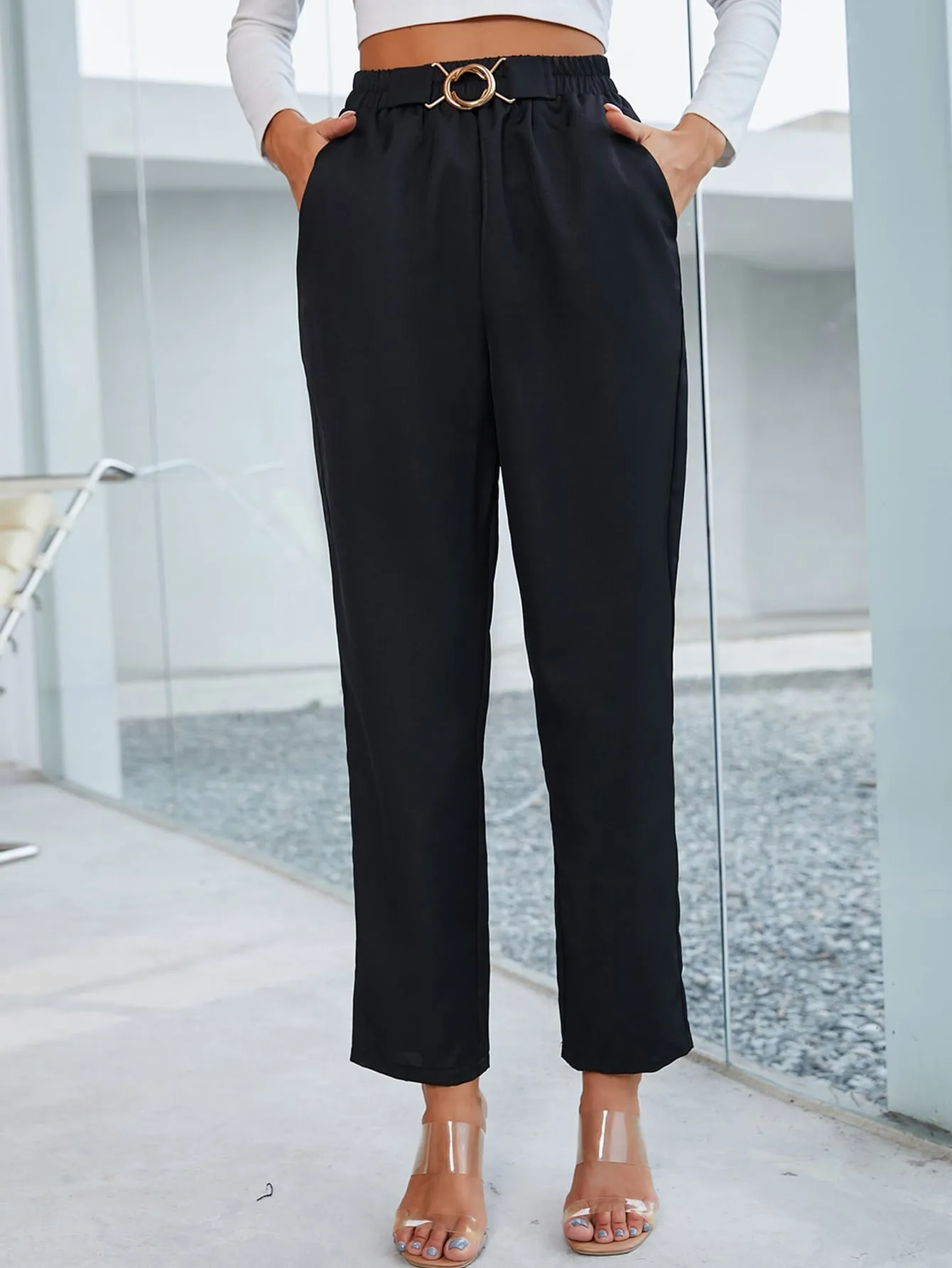 Elegant Plain Ring High Waist Cropped Women Pants