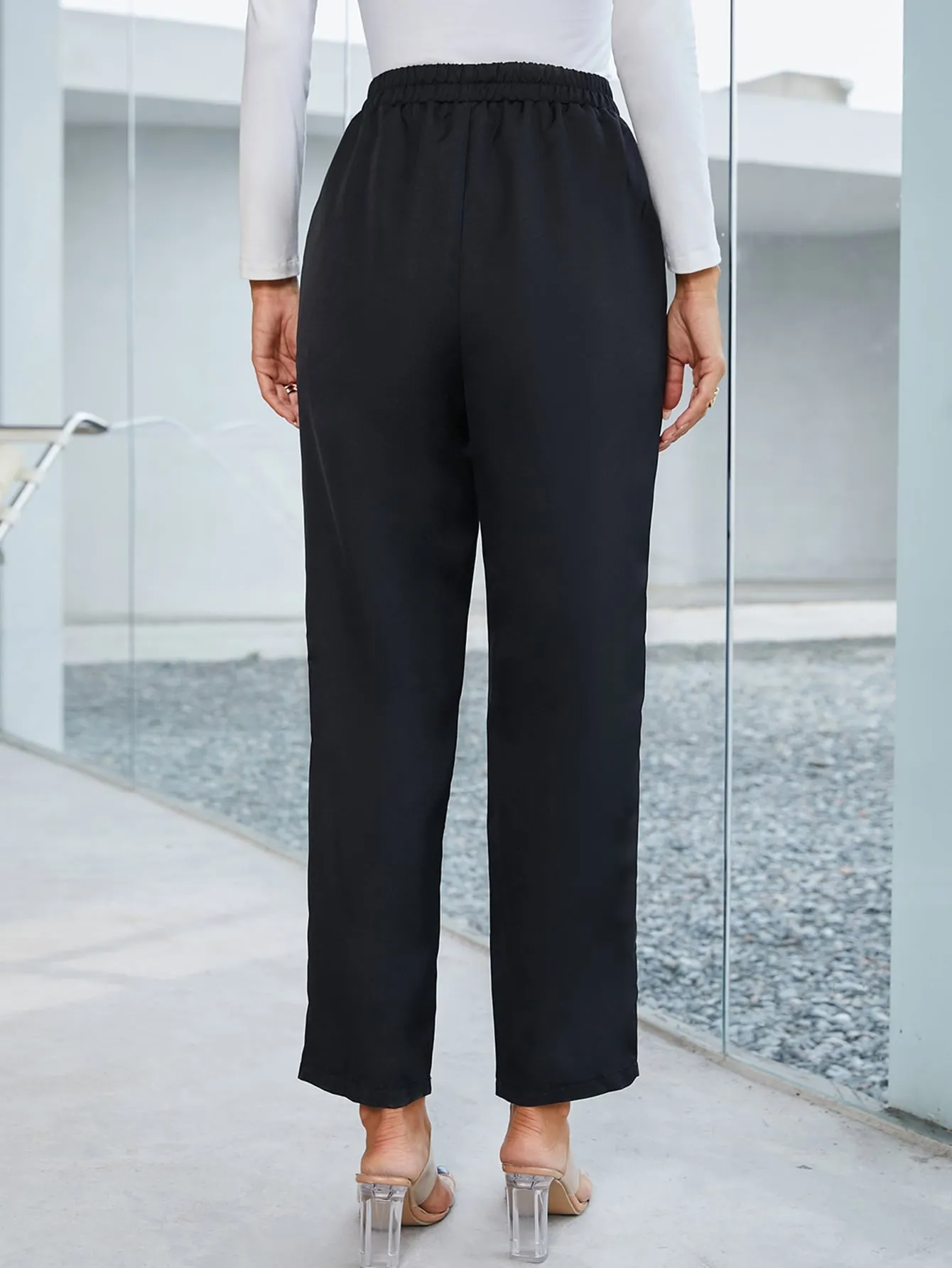 Elegant Plain Ring High Waist Cropped Women Pants
