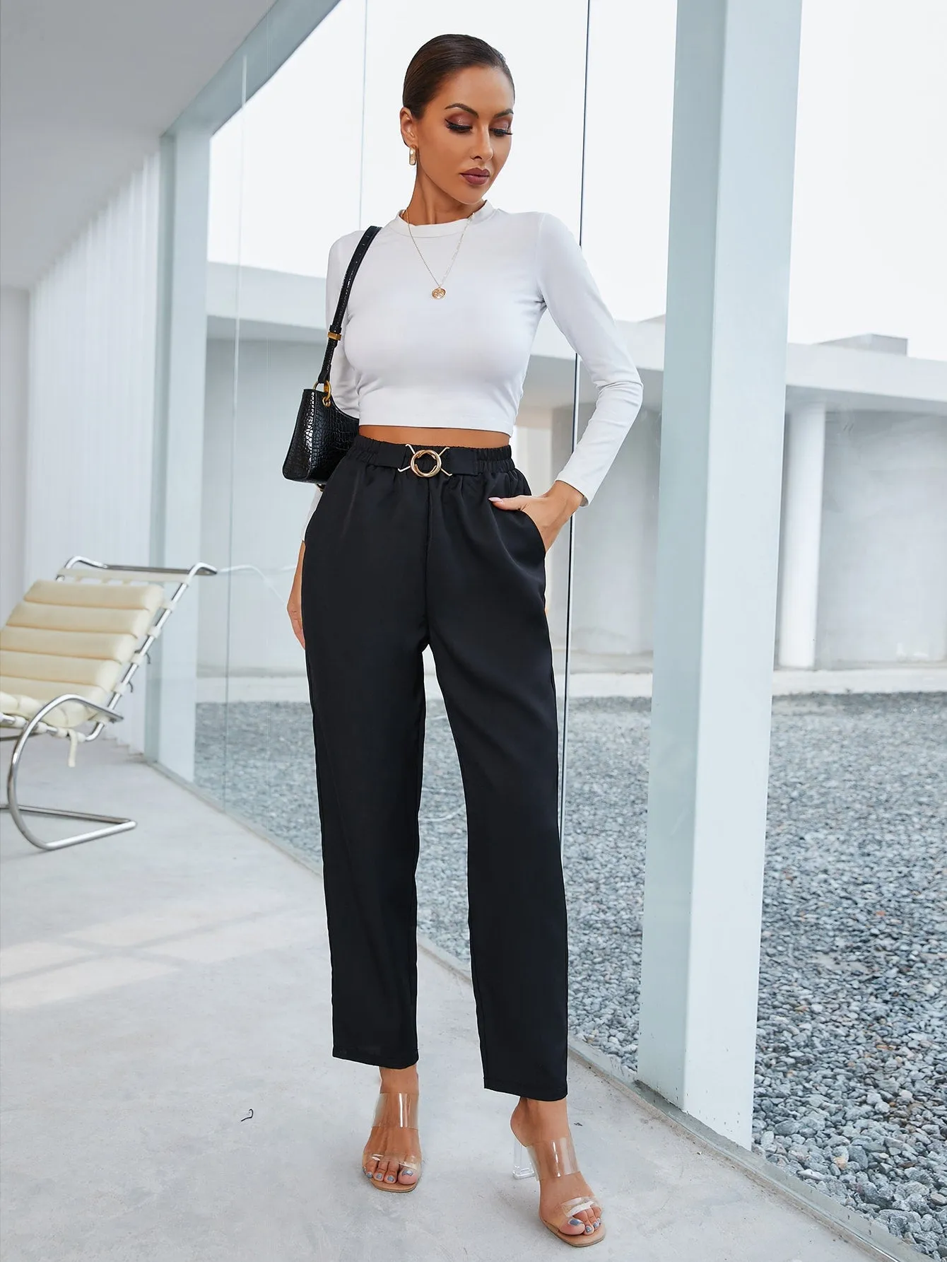 Elegant Plain Ring High Waist Cropped Women Pants