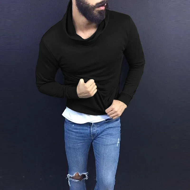 Fashion Men Tshirts Hiphop Casual T Shirts Autumn Long Sleeve Solid Color Turtleneck Tee Tops Men Clothes Pullovers Hombre